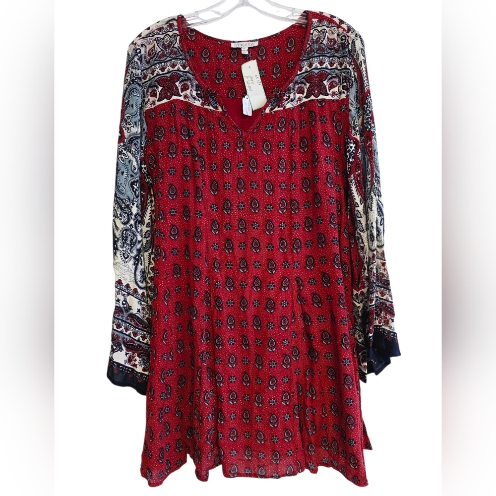 Patrons of Peace Red Paisley Print Bell Sleeve Dress Size Small
